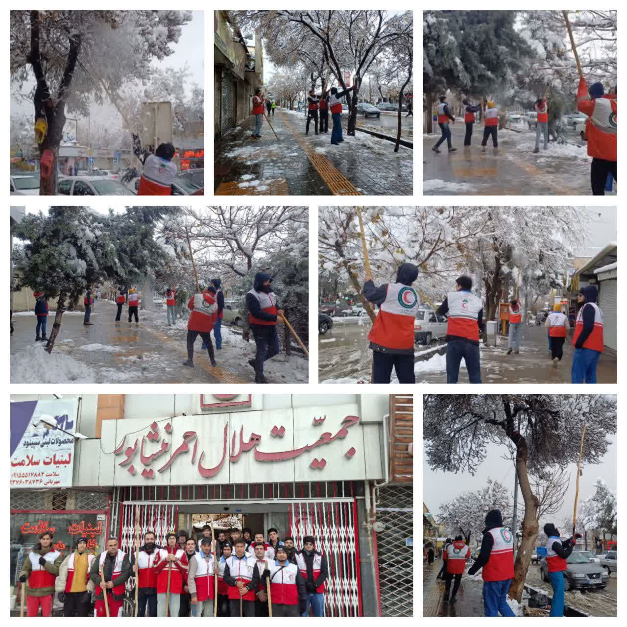 همراهی جمعیت هلال احمر نیشابور با دعوت شهرداری در طرح برف‌تکانی درختان در پی بارش‌های اخیر