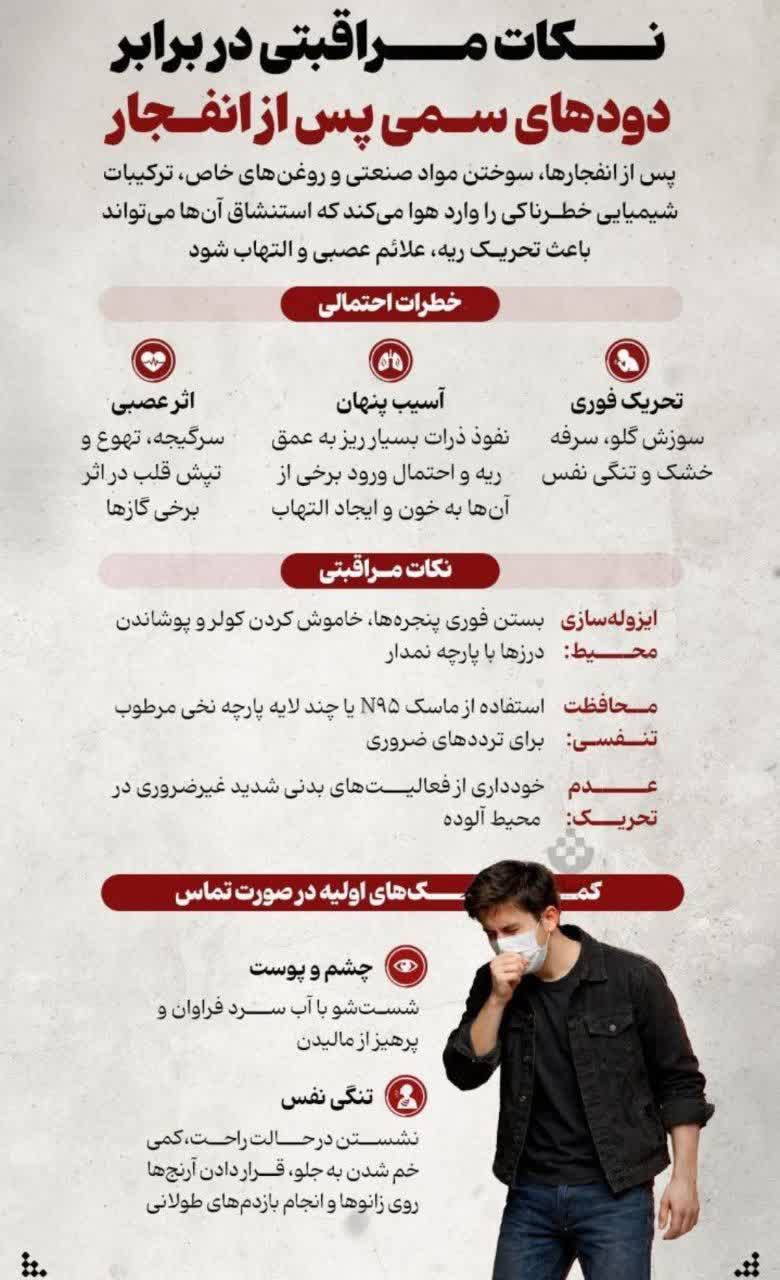 🔻 نکات مراقبتی در برابر دودهای سمی پس از انفجار