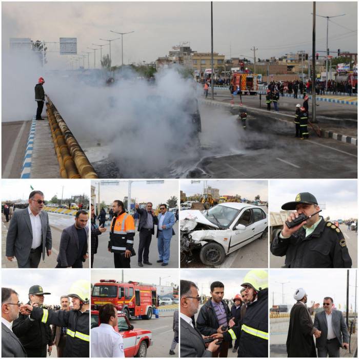 عملیات مهار و کنترل حریق تریلر 33 هزار لیتری در زیرگذر تقاطع همسطح امام رضاع